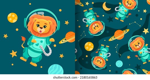 Seamless pattern with Baby Lion astronaut in the open space on dark background for children wallpaper, textile print or for baby shower design. Vector cartoon illustration