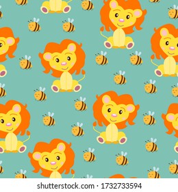 Seamless pattern with baby lion and bees. Yellow and orange. Green background. Cartoon style. Funny and cute. Wild cat. African animal. For kids. For postcards, wallpaper, textile and wrapping paper