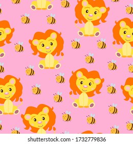 Seamless pattern with baby lion and bees. Yellow and orange. Pink background. Cartoon style. Funny and cute. Wild cat. African animal. For kids. For postcards, wallpaper, textile and wrapping paper