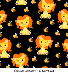 Nahtloses Muster mit Baby Löwe und Bienen. Gelb und orange. Schwarzer Hintergrund. Cartoon-Stil. Funny und süß. Wilde Katze. Afrikanisches Tier. Für Kinder. Für Postkarten, Tapeten, Textilien und Packpapier