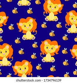 Seamless pattern with baby lion and bees. Yellow and orange. Blue background. Cartoon style. Funny and cute. Wild cat. African animal. For kids. For postcards, wallpaper, textile and wrapping paper