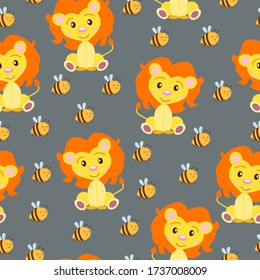 Seamless pattern with baby lion and bees. Yellow and orange. Gray background. Cartoon style. Funny and cute. Wild cat. African animal. For kids. For postcards, wallpaper, textile and wrapping paper