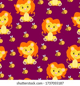 Seamless pattern with baby lion and bees. Yellow and orange. Purple background. Cartoon style. Funny and cute. Wild cats. African animal. For postcards, wallpaper, textile and wrapping paper