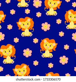 Seamless pattern with baby lions and pink flowers. Yellow and orange. Blue background. Cartoon style. Funny and cute. African animal. For kids. For postcards, wallpaper, textile and wrapping paper