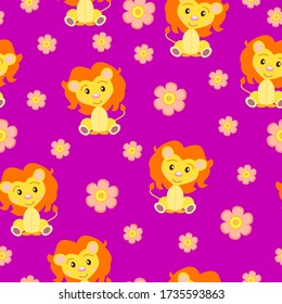 Seamless pattern with baby lions and pink flowers. Yellow and orange. Pink background. Cartoon style. Funny and cute. African animal. For kids. For postcards, wallpaper, textile and wrapping paper