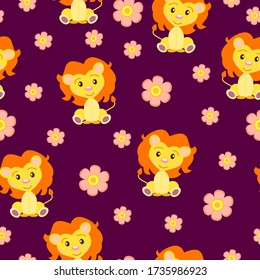 Seamless pattern with baby lions and pink flowers. Yellow and orange. Purple background. Cartoon style. Funny and cute. African animal. For kids. For postcards, wallpaper, textile and wrapping paper