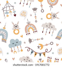 Seamless pattern with baby mobiles and toys. Pattern for bedroom, wallpaper, kids and baby wear.