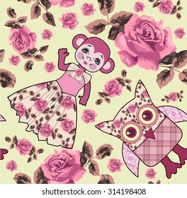 Seamless pattern baby monkey, owls and roses. It can be used  decorate invitations, greeting cards, web pages, print  fabric, decoration for clothes and children's room. Monkey - symbol new year 2016