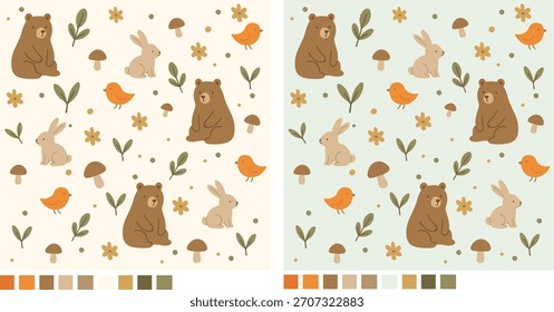 Patrón sin fisuras para el bebé con el fondo de la naturaleza, el oso, el pájaro, el conejo, el hongo y la impresión abstracta de la naturaleza del invierno. Gráficos de Vector, estampado de tela.