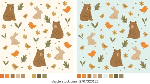 Padrão contínuo para bebê com fundo de natureza, urso, pássaro, coelho e impressão natural de inverno abstrato. Gráficos vetoriais, impressão de tela.