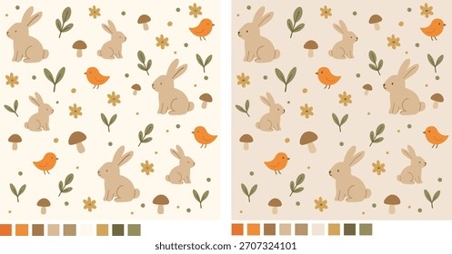 Seamless pattern for baby with nature background, bird, rabbit, mushroom and abstract winter nature print. Vector graphics, fabric print.