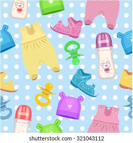 Seamless pattern of baby. Nipples, diapers, shoes, hats, bottles.