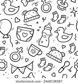Seamless pattern of baby objects and elements in doodle style. Diaper, dummy, rattle, milk bottle, ball. Vector illustration