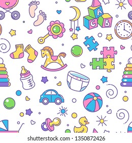 Seamless pattern. Baby objects. Endless background with baby stuff. Background for web site, blog, package. Toys, clothes, icons, symbols of childhood and maternity. Vector illustration. 