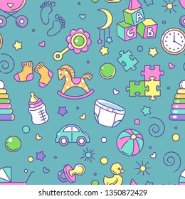 Seamless pattern. Baby objects. Endless background with baby stuff. Background for web site, blog, package. Toys, clothes, icons, symbols of childhood and maternity. Vector illustration. 