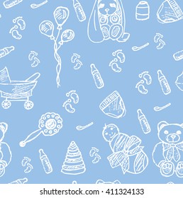 Seamless pattern with baby objects on blue background. Baby, teddy, bottle, carriage, ballon, foot, toy, hare, beanbag, spoon.