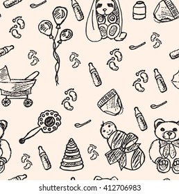 Seamless pattern with baby objects on beige background. Baby, teddy, bottle, carriage, ballon, foot, toy, hare, beanbag, spoon.