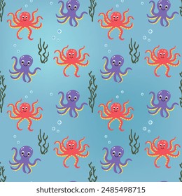 Seamless pattern with baby octopus. Cute marine animals. Colorful background with underwater characters.
