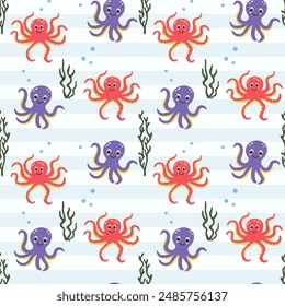 Seamless pattern with baby octopus. Cute marine animals. Colorful background with underwater characters.
