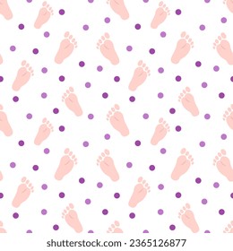 Seamless pattern with baby one foot prints and circles. Flat color vector illustration.