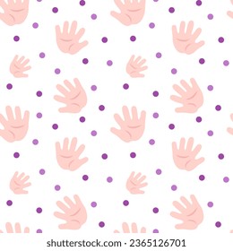 Seamless pattern with baby one hand prints and circles. Flat color vector illustration.