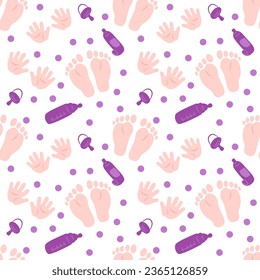 Seamless pattern with baby pacifier, bottle, baby cream, footprints, handprints and circles. Flat color vector illustration.