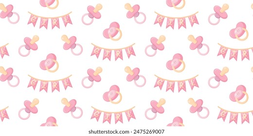 Seamless pattern with baby pacifier. Delicate background for packaging, diapers, bed linen, wallpaper, cards. Horizontal vector illustration.