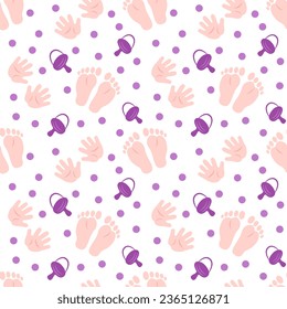 Seamless pattern with baby pacifier, footprints, handprints and circles. Flat color vector illustration.