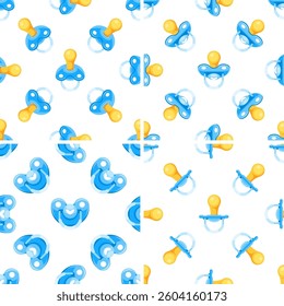 Seamless pattern with baby pacifiers showing different perspectives and shapes, perfect for newborn and childcare projects