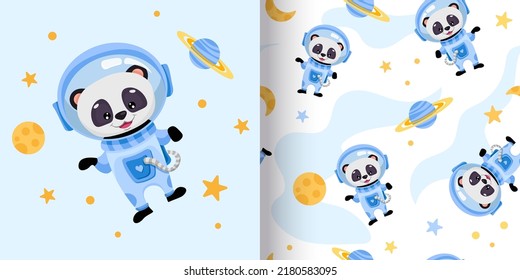 Seamless Pattern With Baby Panda Astronaut In The Open Space On Light White Background For Children Wallpaper, Textile Print Or For Baby Shower Design. Vector Cartoon Illustration