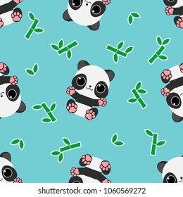 Seamless pattern: Baby pandas on blue background with bamboo branches