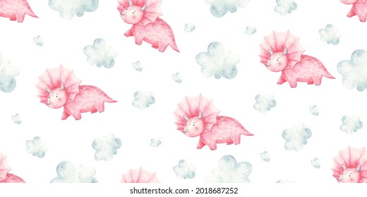 seamless pattern with baby pink dinosaurs and clouds, cute baby illustration