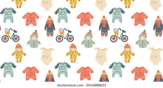 Seamless pattern of baby print, baby overalls and baby bike, vector illustration in cartoon style