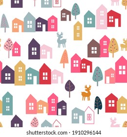 Seamless pattern for baby products. Bright multi-colored elements, houses, trees, deer! Cartoon design, flat illustration.