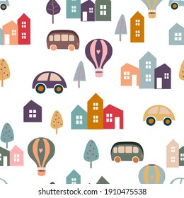 
Seamless pattern for baby products. Bright multi-colored elements, houses, cars, balloons, trees! Cartoon design, flat illustration.