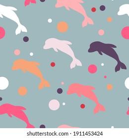 
Seamless pattern for baby products. Bright colorful dolphins! Dark background. Cartoon design, flat illustration.