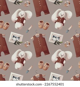 Seamless pattern with baby romper, plush bunny, ultrasound baby picture. Baby waiting, baby clothes, pregnancy, sonogram concept. Vector illustration.