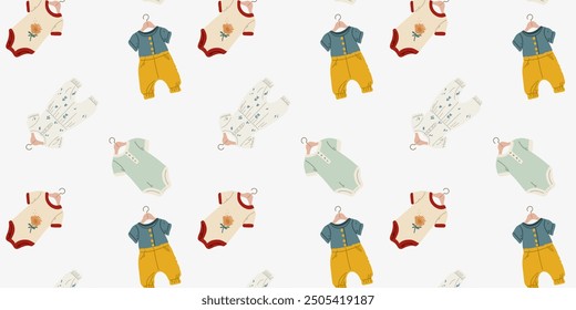  Seamless pattern with baby rompers on a white background.

