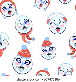Seamless pattern  of Baby Seal Pup cartoon character. Flat design Vector illustration.  cute animals In knitted hats, with a scarf.Winter background