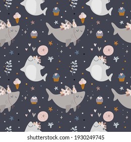 Seamless pattern with baby shark, sea animals. Cute sharks with balloons. Baby shower or happy birthday pattern. Sea life background. kids texture. Nursery prints for textile, apparel, wrapping paper