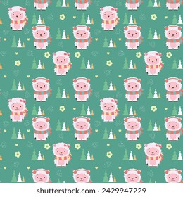 Seamless pattern with baby sheep. Green background. Trees and flowers. Vector illustration in funny cartoon style.