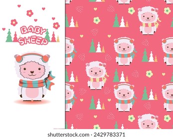 Patrón sin fisuras con ovejas bebé. Fondo rosa. Árboles y flores. Ilustración vectorial en estilo de dibujos animados divertidos.