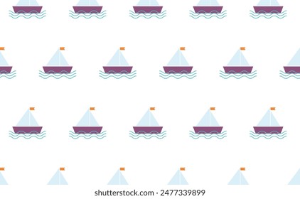 Seamless pattern with baby ship and waves on white background. For fabric design, packaging, cover, background. Vector illustration 