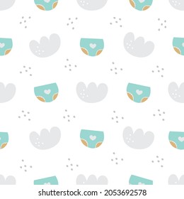 Seamless pattern for baby shower boy. Diapers, panties and clouds, cute simple baby background. Vector illustration for clothing, printing on paper, on fabric, postcards, design