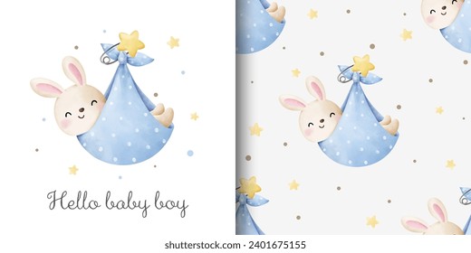 Seamless pattern baby shower bunny boy Greeting card Fabric textiles Nursery Clothing kids Watercolor style
