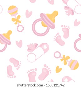 Patrón inconsútil de iconos planos de la ducha del bebé. Es un marco de chica. Elementos de dibujos animados rosados para niñas de vivero. Cubierta linda de la repetición del baño del bebé para la materia textil, Fondo de pantalla, diseño imprimible del paquete. Ilustración vectorial