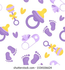 Seamless Pattern of Baby Shower flat icons. Its a Girl, Boy frame. Cartoon signs for girls, boys nursery. Cute baby bath cover for textile, wallpaper, printable package design. Vector Illustration