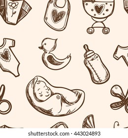 Seamless pattern baby shower icons, with diaper, crawler, sleeping, bag. Hand drawn line art vector illustration.