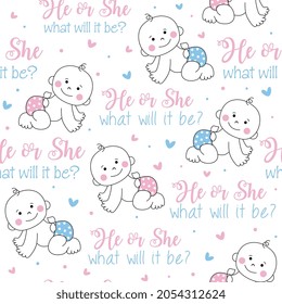 Seamless pattern of Baby Shower with she or he, what it will be wordings - Vector baby arrival pattern