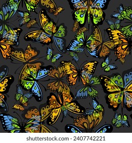 Seamless pattern of baby simple butterflies on a dark background. hand drawing. Not AI, Vector illustration